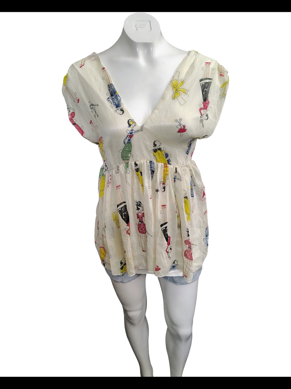 Cream V-Neck Printed Peplum Tunic Top